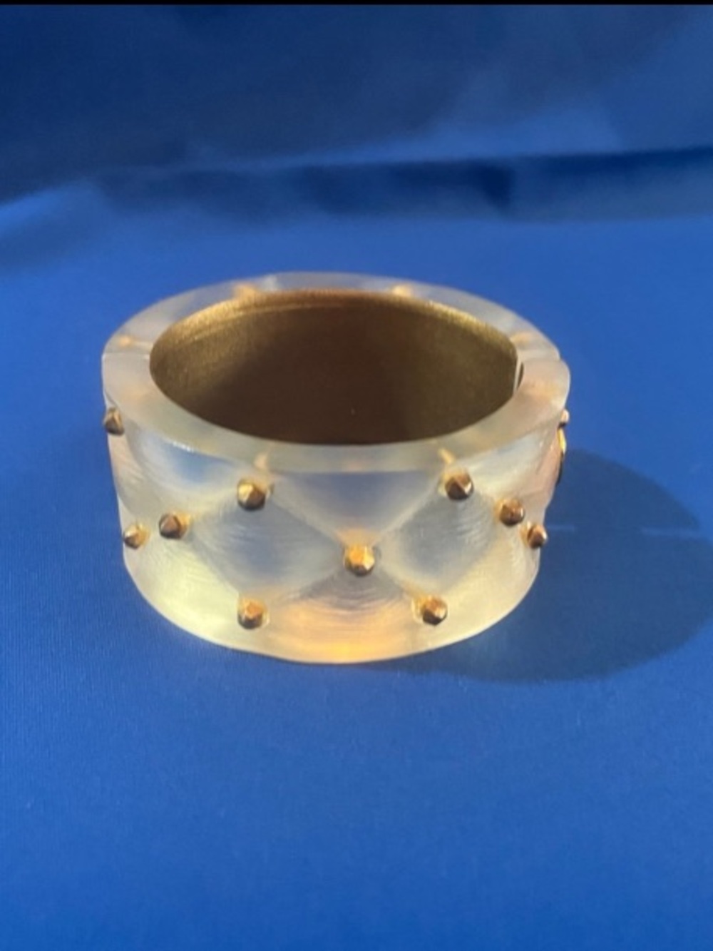 Alexis Bittar Quilted Champagne Lucite Hinged Bangle with Gold Studs.